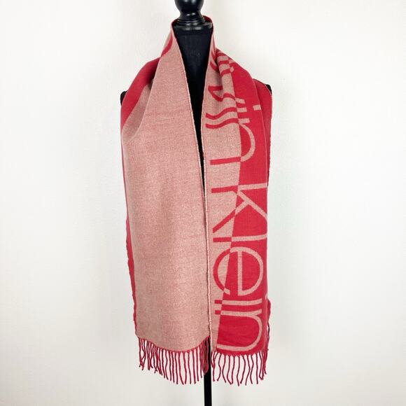 Calvin Klein Winter Scarf Fringe CK Logo Warm Wrap Cozy Peach Pink 11x66” - Picture 2 of 7